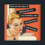 Aimant Funny Retro Birthday Card Blowing Out Candles<br><div class="desc">Humorous Birthday Card for socially distanced birthdays in our new normal. Colorful images of retro look girl blowing out candles on a birthday cake. Gone are the Days of Spitting All Over Your Cake and Sharing It With Friends.</div>