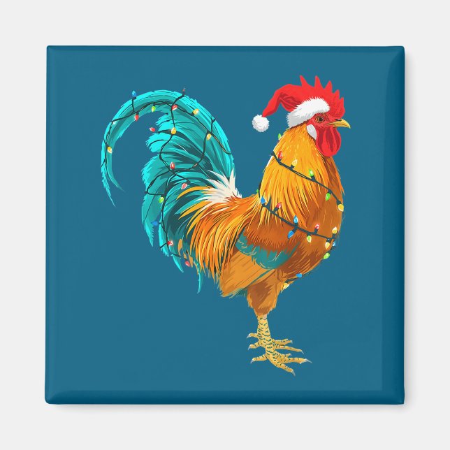 Aimant Funny Rooster Chicken Santa Christmas Lights Farme (Devant)