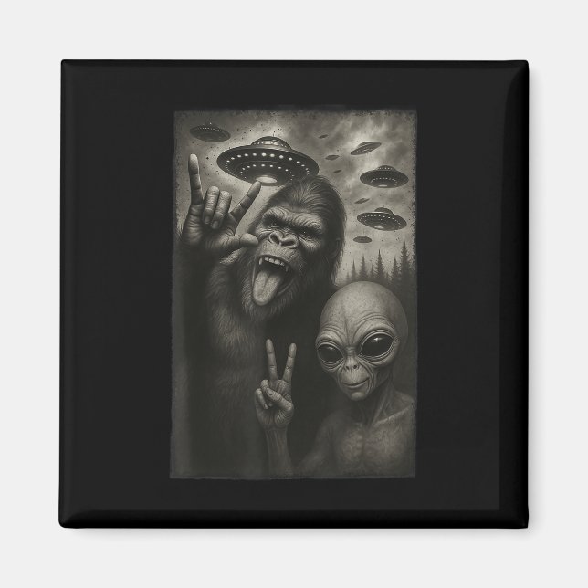 Aimant Funny Selfie Bigfoot Alien Sasquatch Rock À La Mai (Devant)