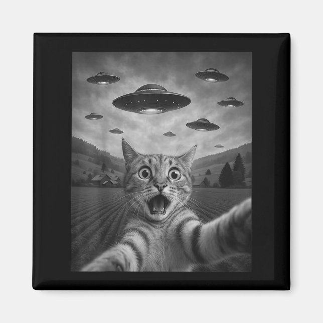 Aimant Funny Surprised Ed Cat Selfie With Alien Ufo Cat U (Devant)