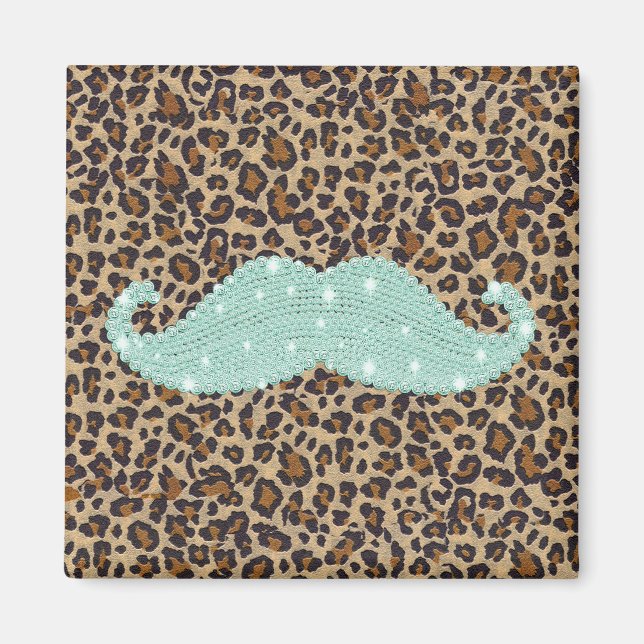 Aimant Funny Teal Green Bling Mustache And Animal Print (Devant)