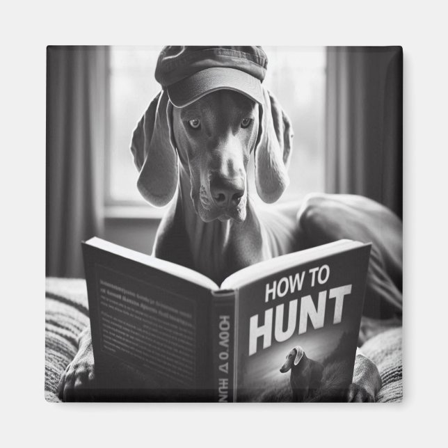 Aimant Funny Weimaraner Lire un livre sur la chasse (Devant)