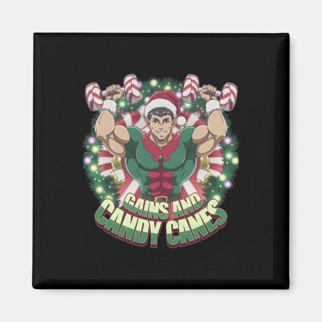 Aimant Gains de musculation d'elfe de Noël drôle et canne (Devant)