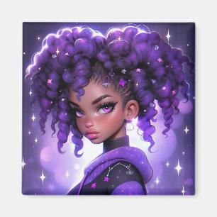 Aimant Galaxie violette fille avec cheveux bouclés