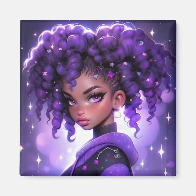 Aimant Galaxie violette fille avec cheveux bouclés (Devant)