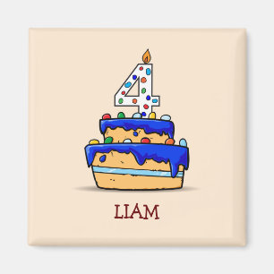 Aimant Garçon 4e anniversaire, 4 sur un gâteau bleu sucré