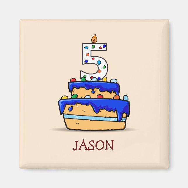 Aimant Garçon 5 ans, 5 sur un Gâteau Bleu Sucré (Devant)