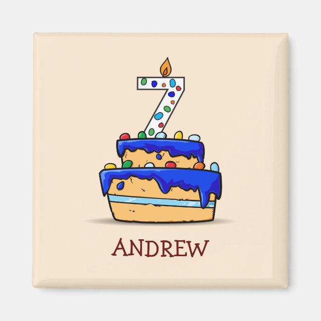 Aimant Garçon 7e anniversaire, 7 sur Gâteau bleu doux (Devant)