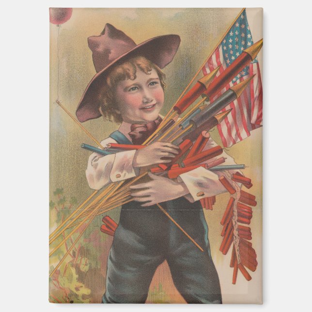 Aimant Garçon avec Feux d'Artifice, Drapeau Américain, Im (Recto)