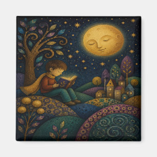 AIMANT GARÇON FANTAISISTE LISANT SOUS LA LUNE
