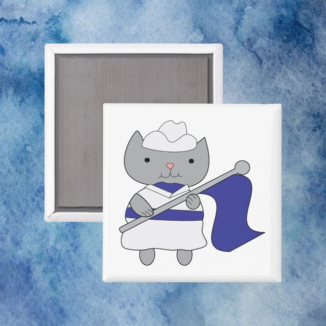 Aimant Garde couleur chat bleu blanc (A magnet with a gray kitty cat wearing a blue and white color guard uniform.)