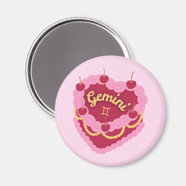 Aimant Gâteau d'anniversaire cœur pastel Gemini Zodiaque (Recto/Verso)