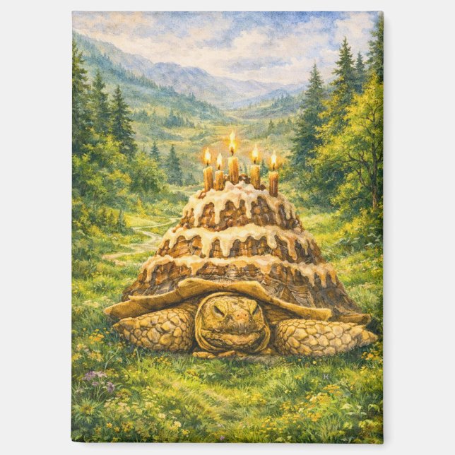 Aimant Gâteau d'anniversaire de forêt Tortue Sulcata Aqua (Recto)