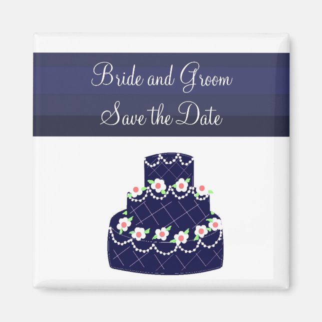 Aimant Gâteau de Mariage Bleu Marine Enregistrer la Date (Devant)