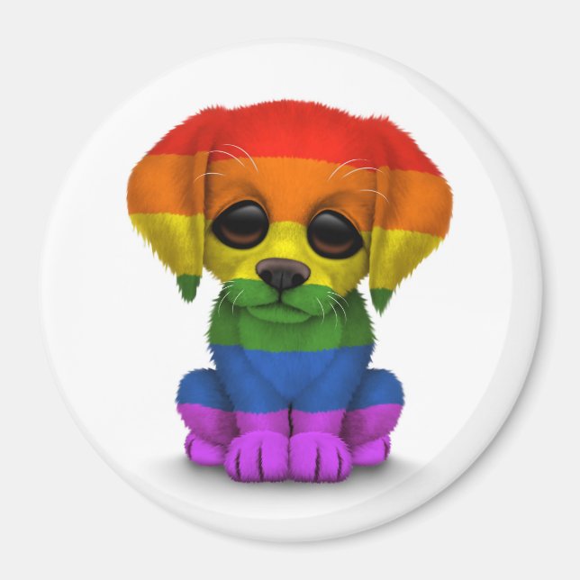 Aimant Gay pride arc-en-ciel mignon Chien chiot, blanc (Devant)