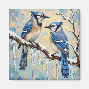 Aimant Geais bleus vintage sur une branche de glaçon Art
