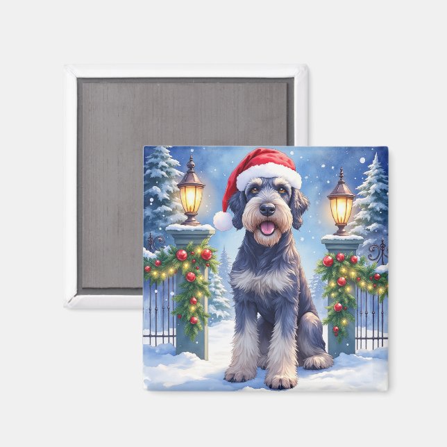 Aimant Géant Schnauzer Clôture de fer enneigée Père Noël  (Recto/Verso)