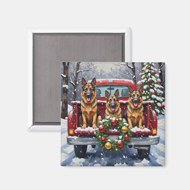 Aimant German Shepherd Christmas Red Truck Holiday (Recto/Verso)