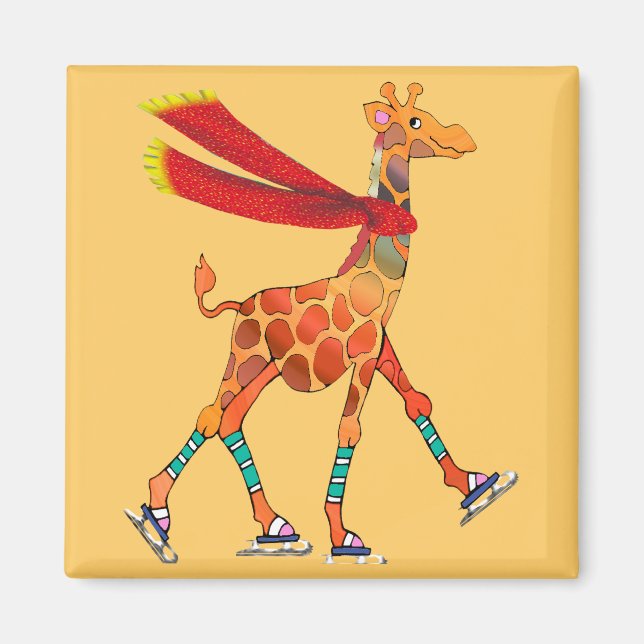 Aimant Giraffe de patinage sur glace avec écharpe (Devant)