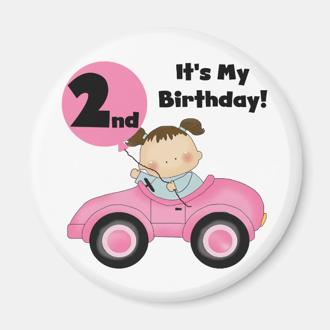 Aimant Girl in Pink Car 2nd Birthday Tshirts et cadeaux (Devant)