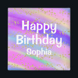 Aimant Girly Colorful Happy Birthday Unicorn Gold Glitter<br><div class="desc">Colorful,  personalized Happy Birthday magnet with a unicorn rainbow color background,  gold glitter sparkles confetti,  and bold white writing. You can easily add the name of your choice and change the color and font of the name using the customize option!</div>