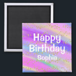 Aimant Girly Colorful Happy Birthday Unicorn Gold Glitter<br><div class="desc">Colorful,  personalized Happy Birthday magnet with a unicorn rainbow color background,  gold glitter sparkles confetti,  and bold white writing. You can easily add the name of your choice and change the color and font of the name using the customize option!</div>