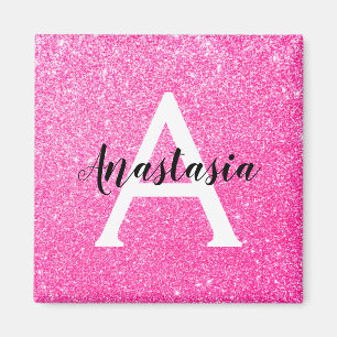 Aimant Girly Glam Hot Pink Glitter Sparkles Monogram Name