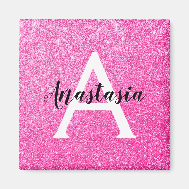 Aimant Girly Glam Hot Pink Glitter Sparkles Monogram Name (Devant)