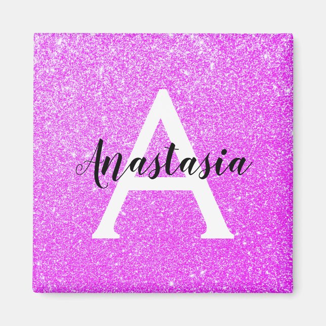 Aimant Girly Glam Purple Glitter Sparkles Monogram Name (Devant)