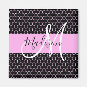Aimant Glam Black Metallic Rose Honeycomb Nom du monogram
