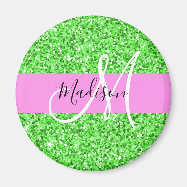 Aimant Glamour Rose et Vert Paillettes Monogramme Nom (Devant)