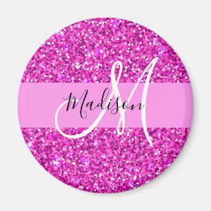 Aimant Glamour Rose & Magenta Paillettes Étincelles Monog