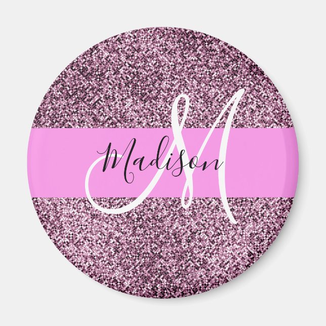 Aimant Glamour Rose & Violet Paillettes Monogramme Nom (Devant)