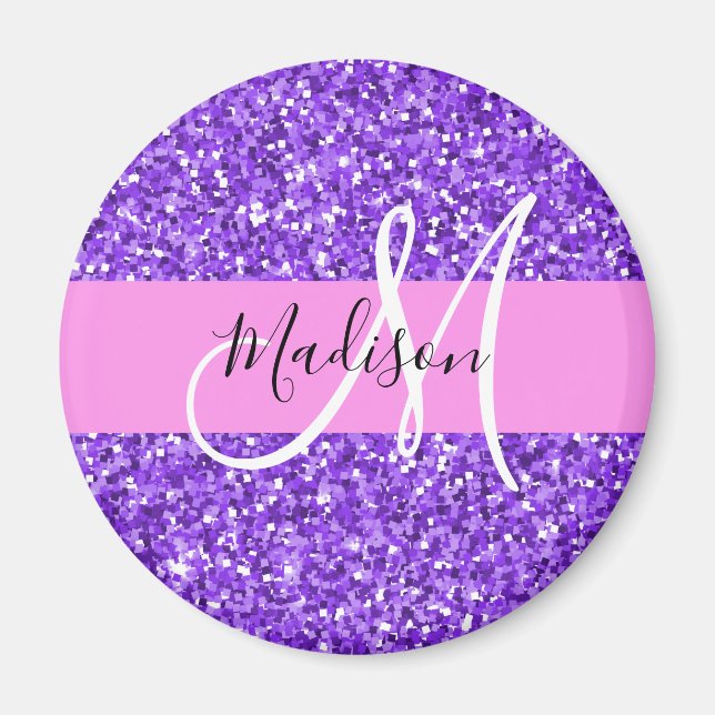 Aimant Glamour Violet & Rose Paillettes Monogramme Nom (Devant)