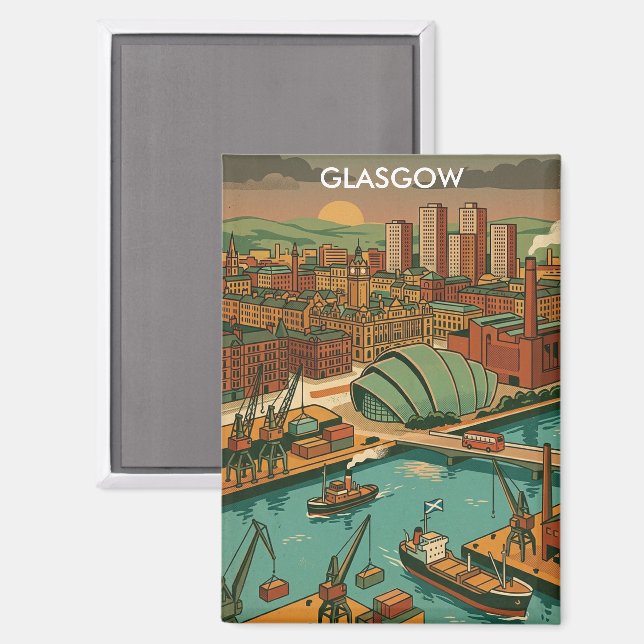 Aimant Glasgow Écosse Illustration de Voyage Rétro (Recto/Verso)