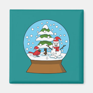 Aimant Globe de neige avec le cardinal Snowman et Pine Tr