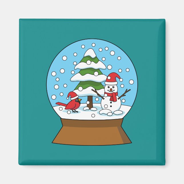 Aimant Globe de neige avec le cardinal Snowman et Pine Tr (Devant)