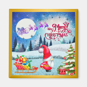 Aimant Gnome de Noël enneigé et cadeaux du traîneau du Pè