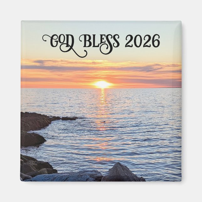 Aimant God Bless 2026 New Year Golden Sunset Photo (Devant)