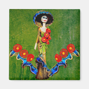 Aimant Golden Blue Antique Catrina sur Green Washed Boho