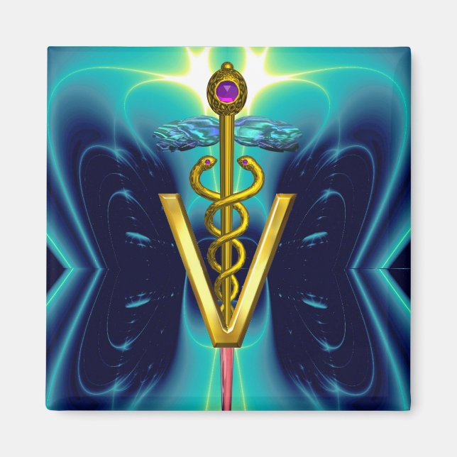 Aimant GOLDEN CADUCEUS VETERINARY SYMBOL Blue Turquoise (Devant)