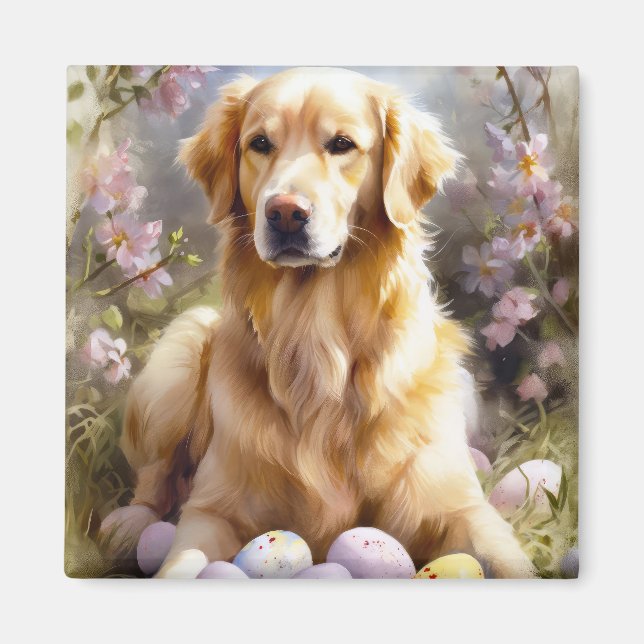 Aimant Golden Retriever avec oeufs de Pâques (Devant)