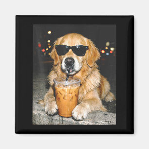 Aimant Golden retriever buvant du café glacé chien drôleG