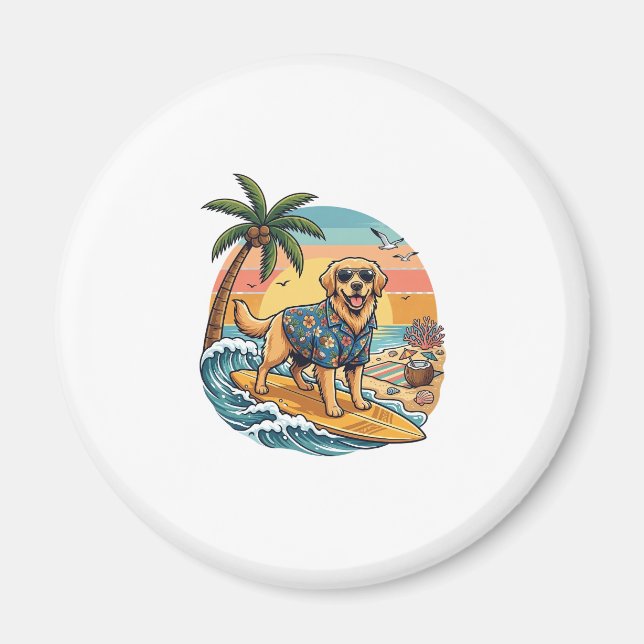 Aimant Golden Retriever Chien Surfant Planche de Surf Cou (Devant)