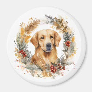 Aimant Golden Retriever Christmas Wreath Festive Pup