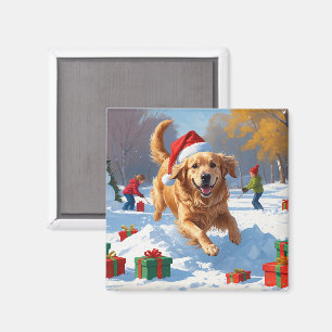 Aimant Golden Retriever en neige avec Casquette de Noël