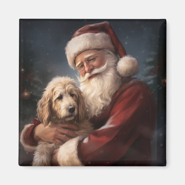 Aimant Goldendoodle avec Noël Festif du Père Noël (Devant)