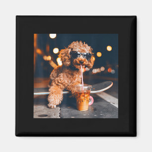 Aimant Goldendoodle buvant un café glacé mème animal drôl