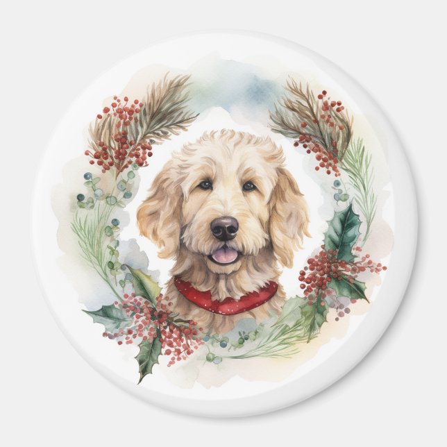 Aimant Goldendoodle Christmas Wreath Festive Pup (Devant)