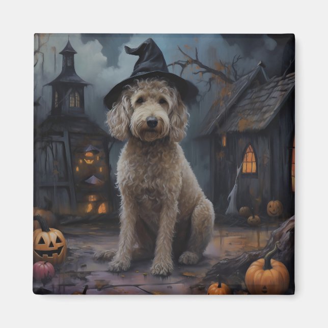 Aimant Goldendoodle Citrouilles Halloween Épouvantable (Devant)